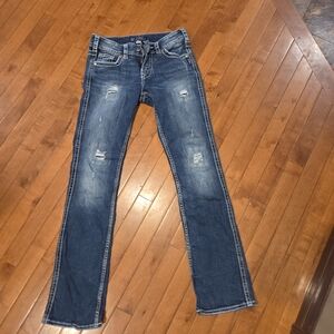 Silver Jeans Women's Straight Leg Distressed Blue Denim